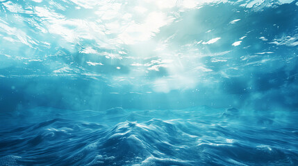 Fototapeta premium Underwater view of ocean with sunlight filtering down through the surface, highlighting waves.