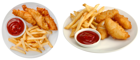 Fish and chips with ketchup bundle, side and top view on white plates, isolated on a transparent background