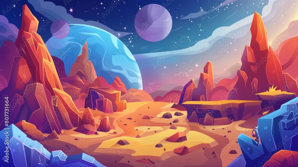 Poster on a space alien planet background with stone mountains, granite cliffs, celestial bodies on blue sk