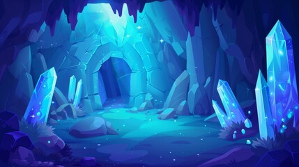 There is a dark cave with stalagmite, blue gem crystals embedded in rock walls and floor and a magic glowing exit and entrance hole. Cartoon modern underground landscape for game level UI design.