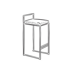 A line drawn illustration of a bar stool chair in black and white. Drawn by hand in a sketchy style and vectorised for a variety of uses.