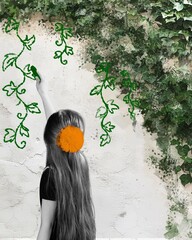 Monochrome image of little girl, child drawing green leaves with chalk. New life, fantasy and imagination. Contemporary art collage. Concept of Happy Children's day, holiday, childhood, celebration