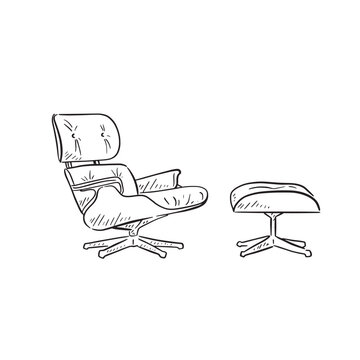 A line drawn illustration of an Eames chair in black and white. Drawn by hand in a sketchy style and. vectorised for a variety of uses.