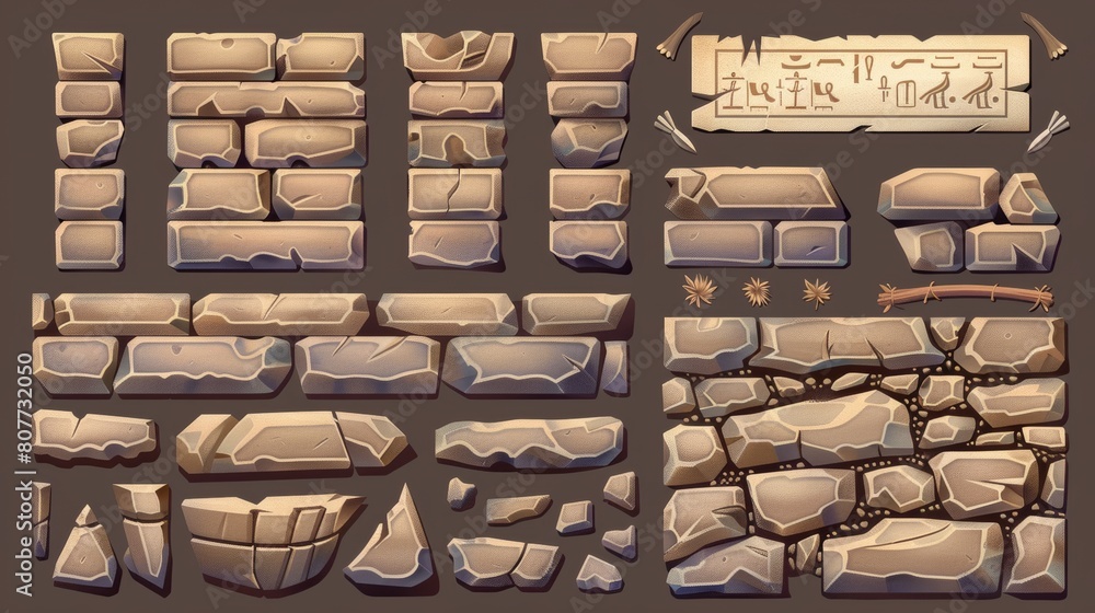Aufkleber set of egyptian ui frames and buttons. cartoon modern illustration set - part of stone wall and papy
