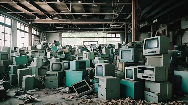 Electronic waste waiting for disposal. Abandoned broken computer, Stack of disused computer printers to be scrapped or recycled. Environmental concept	