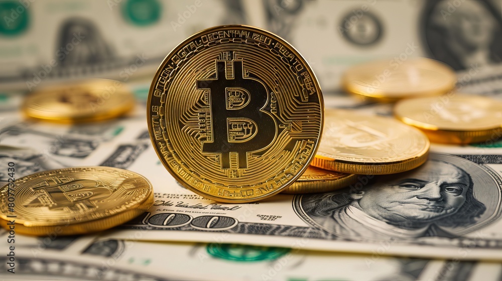 Poster shimmering bitcoin symbolizing digital wealth overlapping with traditional dollar bills - a fusion o