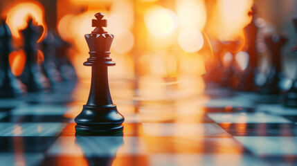 Close-up of a black king chess piece on a board with blurred other pieces and warm backlighting.