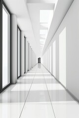 A long, narrow hallway with white walls and white flooring