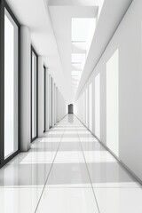 Obraz premium A long, narrow hallway with white walls and white flooring
