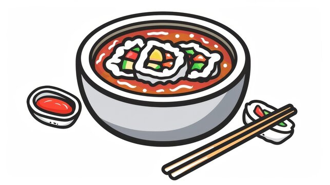 Bibimbap illustration and asian rice meal illustration. Chinese noodle cuisine of tteokbokki or delicious gimbap isolated cooking set. A nice sushi roll with a stick and sauce for lunch.
