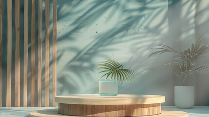An elegant wooden product podium with green grass leaves and glass decoration in an interior styled in pastel turquoise and white. Realistic modern mock-up of a round light brown platform with wooden