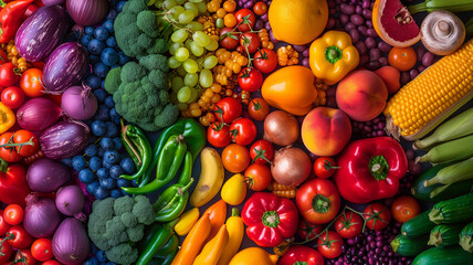 Top view of colorful vegetables and fruits arranged in a rainbow color gradient