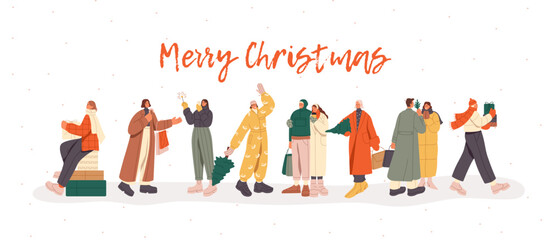 Merry Christmas lettering on banner. People prepare to New Year holiday: make purchase, shopping. Characters present gifts, carry firtree, rejoice to winter. Flat isolated vector illustration on white