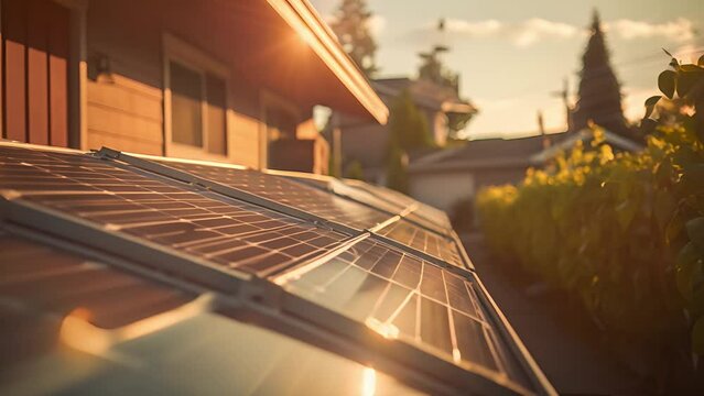 Closeup of a row of solar panels installed on a homes roof, harnessing the power of the sun	