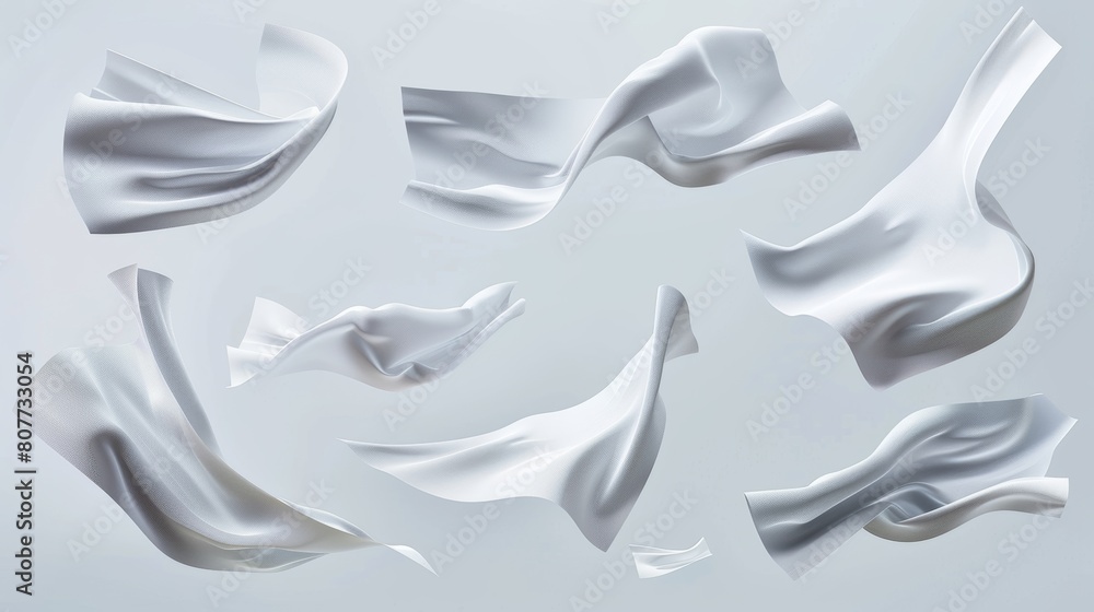 Poster A floating sheet of paper in different angles of view. A realistic 3D modern illustration set of curves white blank pages in the air. A falling letter or document mock-up. An empty curl note and