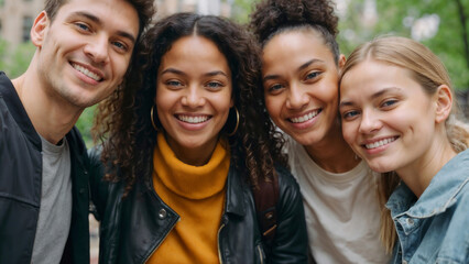 Four smiling happy multiethnic friends in against a heavily blurred park background