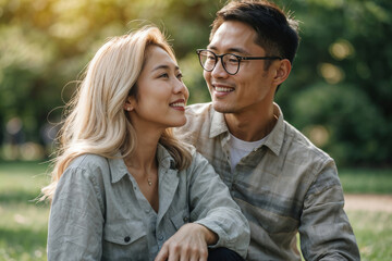 Fototapeta premium Young Asian man and woman are smiling and hugging each other in a park