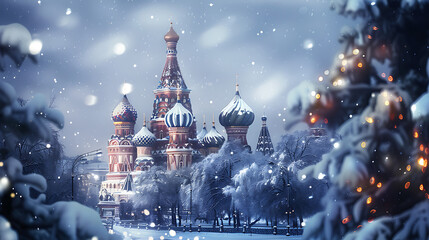 A shot of Saint Basil's Cathedral during a snowy winter. Generative AI illustration 
