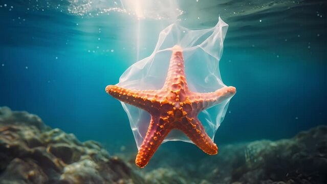Sea star stuck in plastic bag underwater the Mediterranean sea. Life of the underwater world. Red sea star, underwater, global problem with plastic waste floating in the ocean	