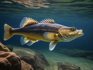 Fototapeta premium Walleye Swimming Hunting For Food In Its Natural Habitat Underwater Photography Style 300 PPI High Resolution Image