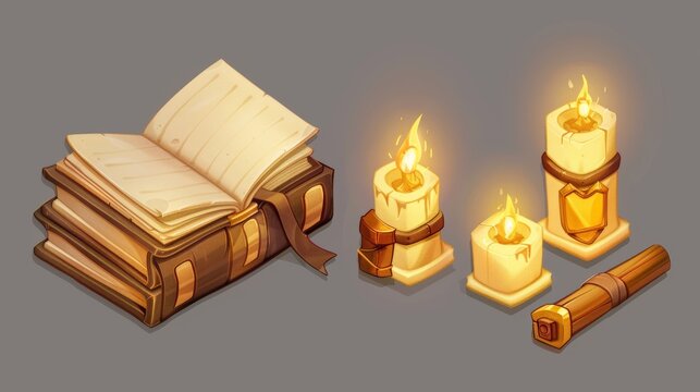 The old fantasy magic book game icon UI cartoon modern. An antique wizard paper story with a spell for witchcraft. Medieval fairy tale myth grimoire assets for study in alchemy school GUI design.