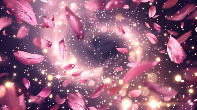 A romantic whirlwind of pink leaves, sakura petals, and spring cherry blossom foliage flying in the wind. Modern illustration of a magic light effect.