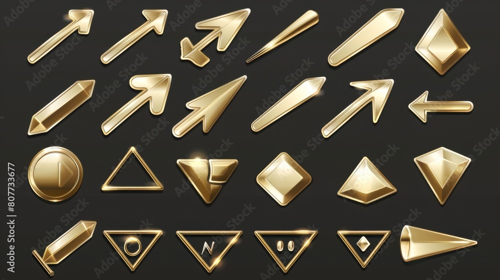 Poster various angles of golden and white transparent mouse pointer. computer action click button. navigati