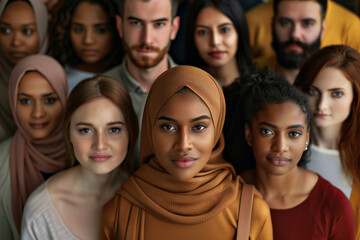 Obraz premium A group of people of different looks, ethnicities, all looking to camera, muted earthy tone colour palette. 