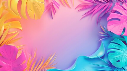 Vibrant tropical background with colorful 3D-style leaves in pink, yellow, and blue hues.