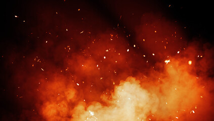 Realistic isolated fire effect particles embers on background . Smoke fog misty texture overlays.