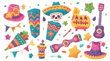 Paper pinata shaped as a cube, a star, a skull, a sombrero hat, a guitar. Cartoon graphic illustration set of Cinco de Mayo stickers.