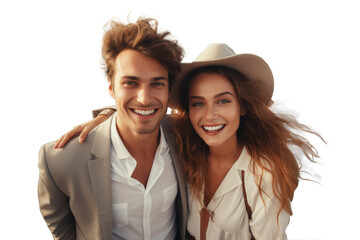 Happy couple with city skyline backdrop, sunny ambiance