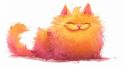 Happy fluffy pink and yellow cartoon cat, cute smiling kitty illustration with playful expression