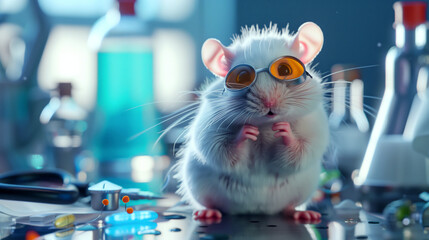 Detailed close-up of a white mouse in goggles amongst laboratory equipment, conveying a sense of curiosity and innovation.
