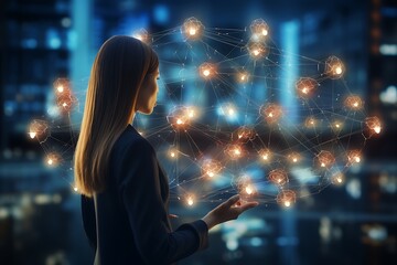 Back view of businesswoman against night cityscape and social connection concept