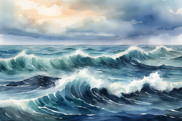 Watercolor seascape with waves and clouds. Digital painting.