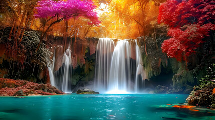A beautiful waterfall in the forest, colorful trees on both sides of the waterfalls, turquoise blue green lake at bottom