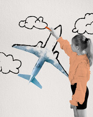 Little creative girl, child drawing plane and clouds. Imagination and freedom. Contemporary art collage. Concept of Happy Children's day, holiday, childhood, celebration