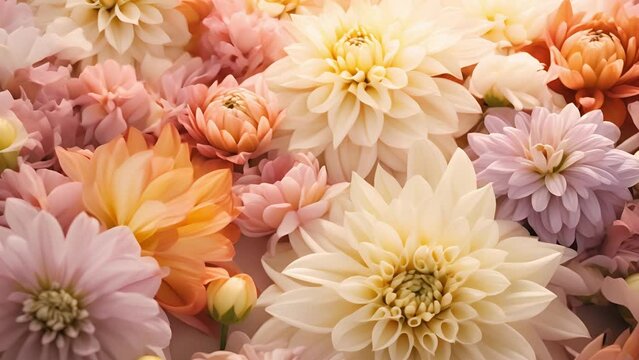 Beautiful colorful zinnia and dahlia flowers in full bloom, close up. Natural summery texture for background	