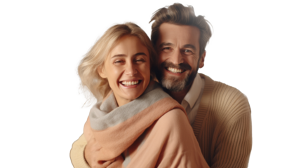 Happy couple, home, shared laughter, embracing.