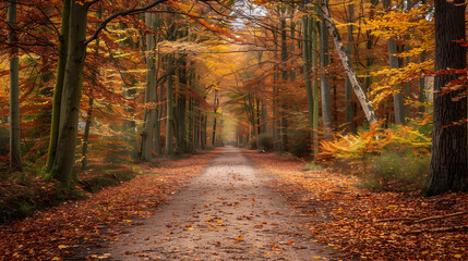 A dirt road through an autumn forest with leaves on the ground