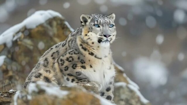 Snow leopard in the winter mountains