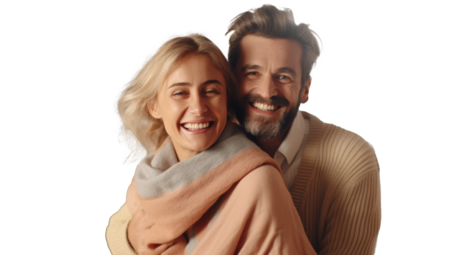 Happy couple, home, shared laughter, embracing.