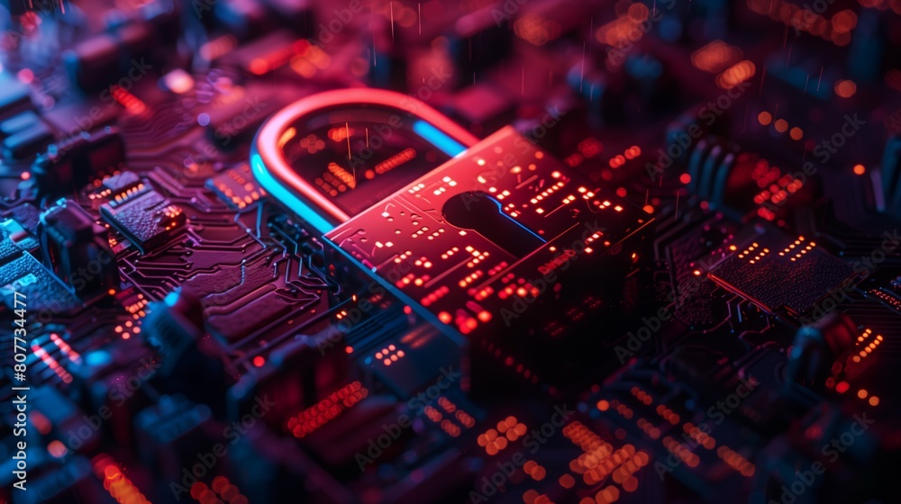 Poster Close-up view of a vibrant electronic circuit board with illuminated details and cyber security concept.