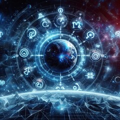 Obraz premium Outer space zodiac horoscope astrology symbol background.