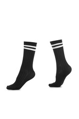 Subject shot of black shadow-proof socks with two white stripes on the rim. The photo is made on the white background. Side view.