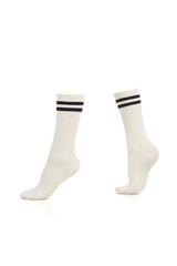 Subject shot of white shadow-proof socks with two black stripes on the rim. The photo is made on the white background. Side view.
