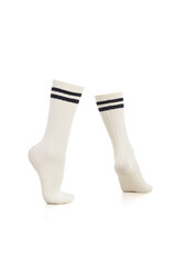 Subject shot of white shadow-proof socks with two black stripes on the rim. The photo is made on the white background. Side view.