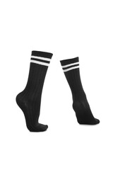 Subject shot of black shadow-proof socks with two white stripes on the rim. The photo is made on the white background. Side view.