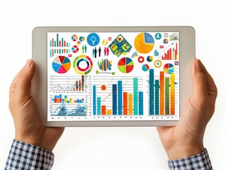 Hand holding a tablet with digital marketing graphs and charts.